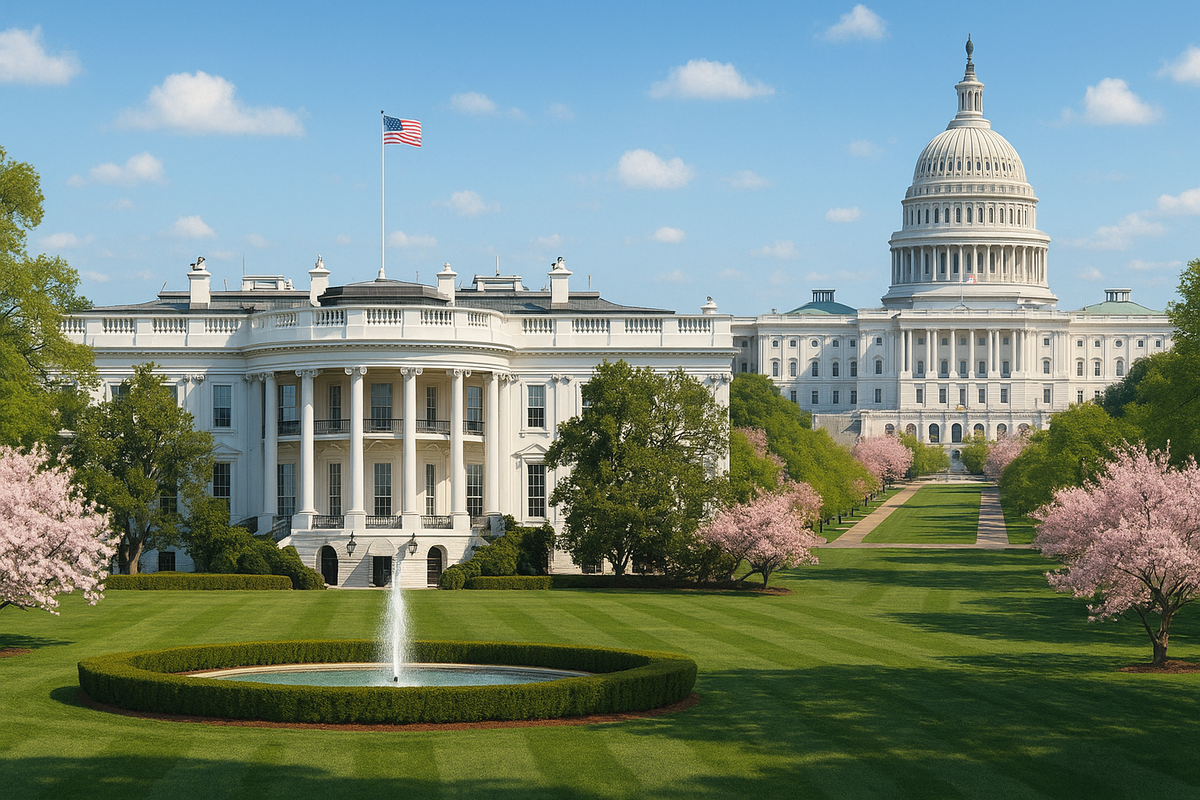 A realistic scene of Washington D.C. including the white house and US capital building